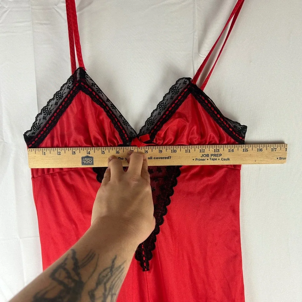Vintage Paramount‎ New York Red Satin Nightgown Black Lace Trim Maxi Slip Dress